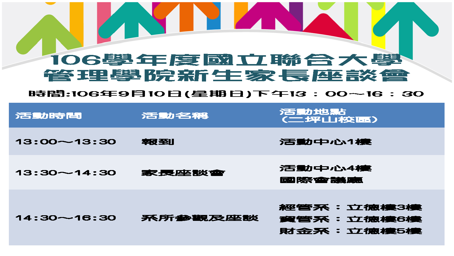 敬邀參加 106年9月10日(日) 106學年度新生家長座談會